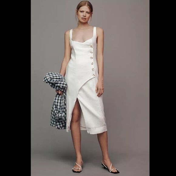 By Anthropologie Sleeveless Square-Neck Linen Button Wrap Midi Dress - Picture 1 of 7